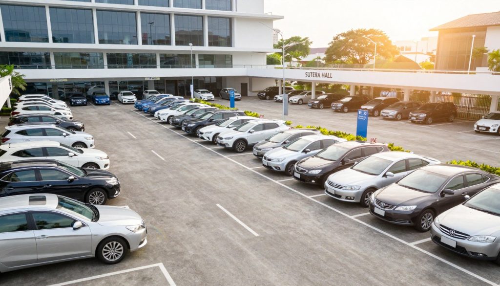 A spacious and well-organized parking area at Sutera Hall, designed for corporate clients. In the foreground, several cars are neatly parked in straight rows, showcasing a variety of vehicles including sedans and SUVs. The middle ground features clearly marked parking spaces and signage, emphasizing organization and convenience. In the background, the modern architecture of Sutera Hall rises elegantly, hinting at a bustling venue. Soft, natural lighting enhances the scene, suggesting a pleasant day, while a slight lens flare adds a professional touch. The atmosphere is one of efficiency and accessibility, inviting clients to explore this expansive parking facility without any distractions. No human figures are present, ensuring a focus on the parking area itself.
