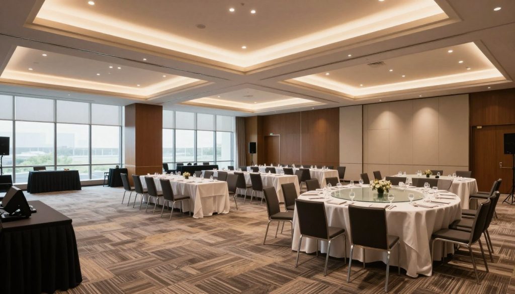 A spacious corporate event venue, showcasing a variety of rooms ranging from large banquet halls to smaller, intimate meeting spaces. The foreground features a large, elegantly designed hall with high ceilings and sophisticated lighting, adorned with modern AV equipment. In the middle ground, there are several smaller rooms, each distinctively styled for different purposes, such as workshops and breakout sessions. The background captures large windows that let in natural light, creating a bright and inviting atmosphere. Soft, warm lighting enhances the ambiance, evoking a sense of professionalism and readiness for corporate events. The image conveys a sense of versatility and accommodation, perfect for showcasing the availability of spaces for any corporate event.