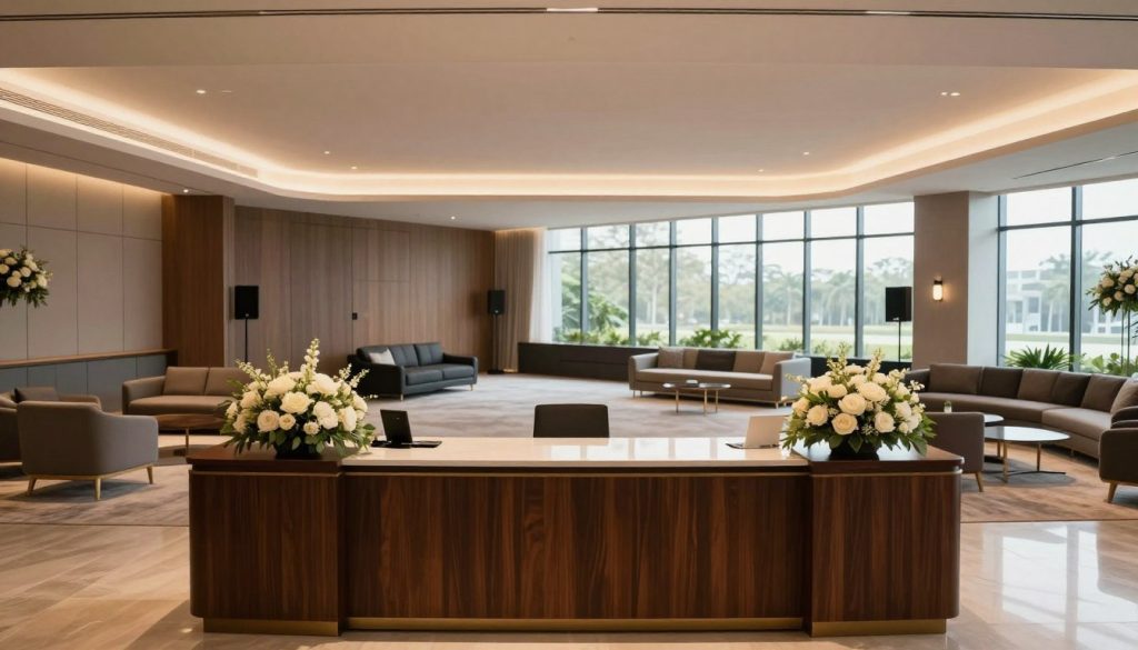 A spacious, modern event venue interior at Sutera Hall in Tangerang, showcasing elegant decor with soft lighting illuminating the area. In the foreground, a sleek registration desk made of dark wood is flanked by fresh floral arrangements, adding a touch of sophistication. The middle ground features a large open space furnished with stylish seating arrangements in muted colors, suitable for business meetings or conferences. The background reveals expansive windows allowing natural light to pour in, casting a warm glow across the room. Incorporate subtle hints of technology, like projectors and screens, to emphasize its suitability for MICE events. The atmosphere exudes professionalism and creativity, ideal for hosting noteworthy events. A spacious, modern event venue interior at Sutera Hall in Tangerang, showcasing elegant decor with soft lighting illuminating the area. In the foreground, a sleek registration desk made of dark wood is flanked by fresh floral arrangements, adding a touch of sophistication. The middle ground features a large open space furnished with stylish seating arrangements in muted colors, suitable for business meetings or conferences. The background reveals expansive windows allowing natural light to pour in, casting a warm glow across the room. Incorporate subtle hints of technology, like projectors and screens, to emphasize its suitability for MICE events. The atmosphere exudes professionalism and creativity, ideal for hosting noteworthy events.
