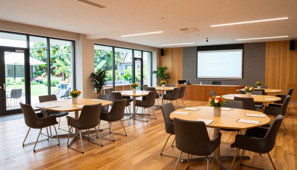 A spacious, modern multifunctional event space designed for meetings and conferences, featuring elegant wooden flooring and large windows that allow natural light to flood in. In the foreground, a well-organized arrangement of tables and ergonomic chairs, adorned with minimalist centerpieces like fresh flowers. The middle area showcases a professional setup with a projector and screen ready for presentations, surrounded by neatly arranged seating. The background reveals lush greenery visible through the windows, creating a calming atmosphere. Soft, warm lighting enhances the welcoming ambience, while the overall tone is vibrant and inspiring. The composition captures a sense of accessibility, highlighting wide entrances and a clear layout, embodying a strategic location that supports productive gatherings.