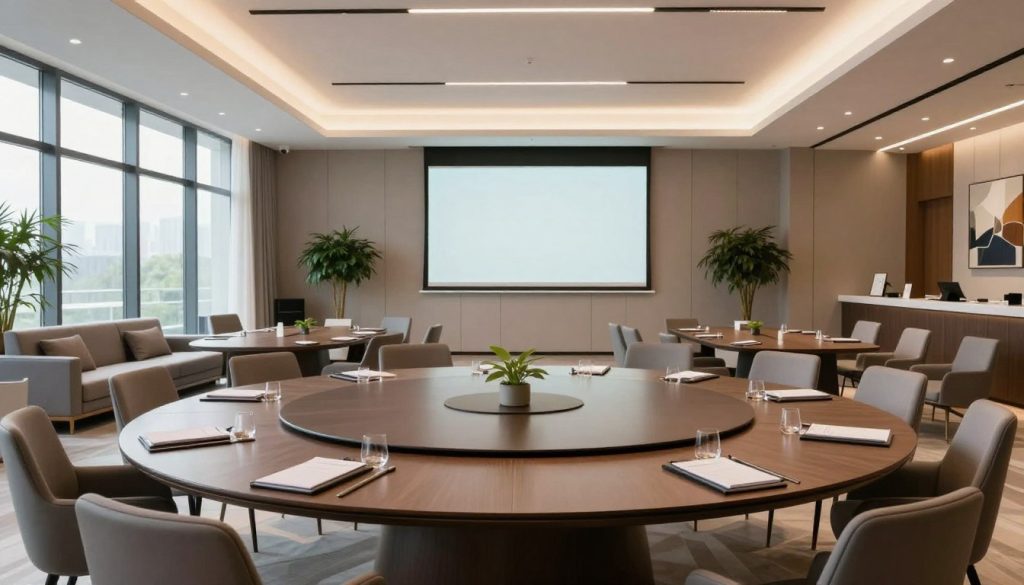 A spacious multifunction hall designed for meetings and conferences, featuring modern furnishings and an elegant layout. In the foreground, a set of sleek, round tables arranged in a circular formation, adorned with minimalist centerpieces and notepads. In the middle, a large projection screen mounted on the wall, surrounded by comfortable, ergonomic seating in a semi-circle, reflecting a professional atmosphere. Natural light streams in through tall windows, creating a bright and inviting ambiance. In the background, plants and artwork enhance the aesthetic of the space. The overall mood is polished and sophisticated, ideal for hosting corporate events. The perspective is slightly angled to capture the full scope of the hall, showcasing its versatility.