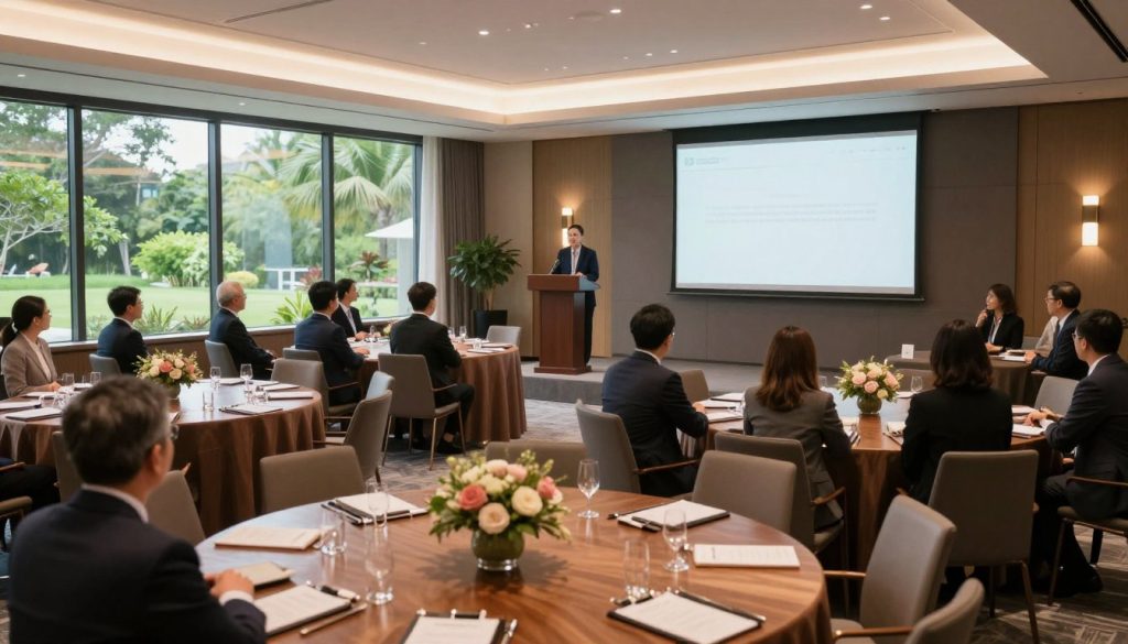 A spacious seminar venue with modern design, featuring a large, well-lit room filled with elegant round tables set for attendees in professional business attire. The foreground showcases polished wooden tables adorned with fresh flowers and notepads. In the middle, a sleek podium with a microphone and a large presentation screen is positioned prominently. The background offers panoramic windows that reveal a vibrant outdoor landscape filled with greenery, allowing natural light to flood the room. Soft, ambient lighting enhances the inviting atmosphere, while the layout suggests a professional yet comfortable environment, perfect for corporate events. The overall mood is focused and inspiring, ideal for a gathering of professionals.