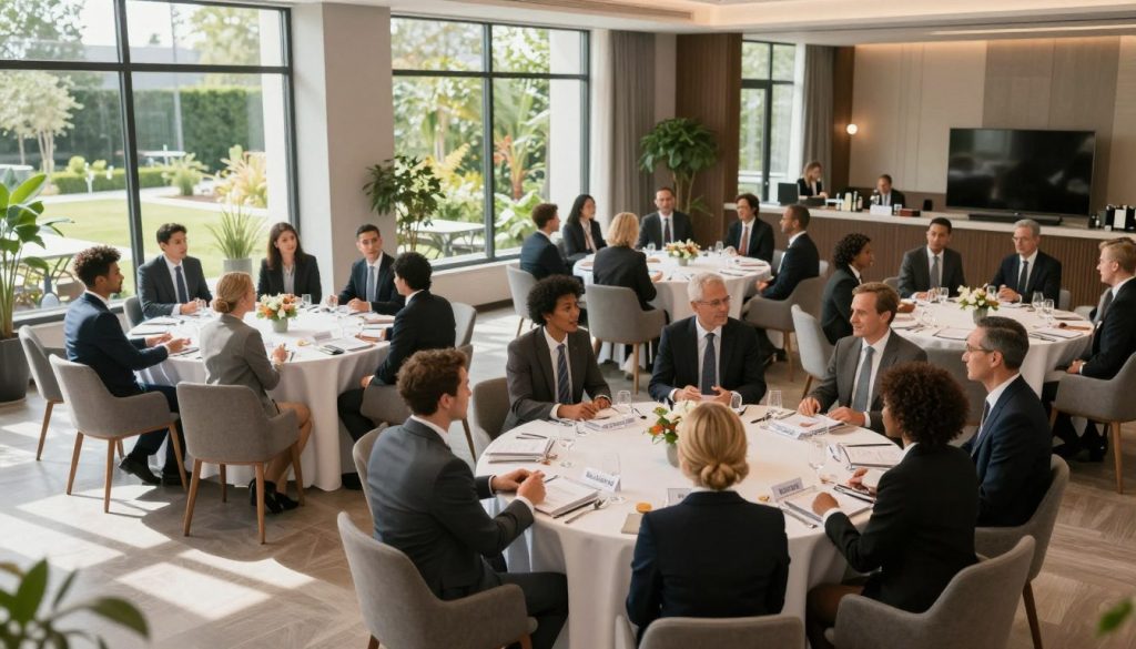 A variety of elegantly designed venues for corporate events, showcasing different settings like a modern conference room, a stylish outdoor garden, and a sophisticated banquet hall. In the foreground, a well-dressed group of diverse business professionals engaged in discussion and collaboration, reflecting a professional atmosphere. The middle ground features a beautifully arranged table with name cards and refreshments. In the background, large windows allow natural light to flood the space, enhancing the overall brightness and creating a welcoming vibe. Soft shadows are cast on the floor, providing depth. The image conveys a sense of sophistication and versatility, perfect for illustrating options for various corporate events. The scene is captured from a slightly elevated angle, showcasing the full layout and decor without any text or logos.