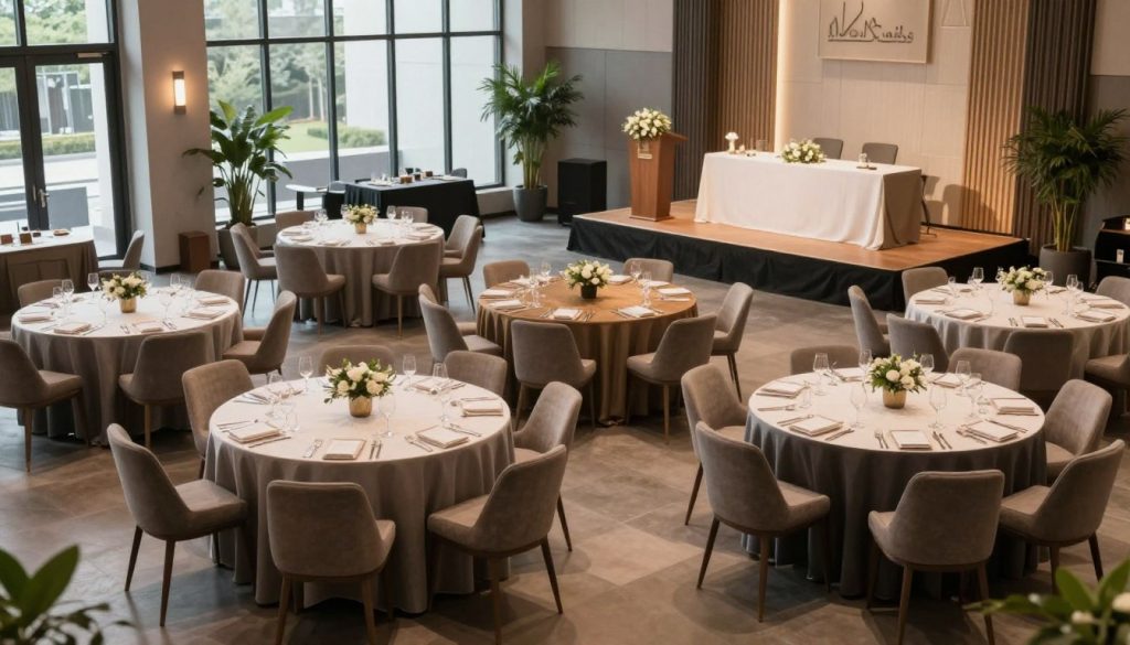 A versatile event space set up in a modern, stylish way, showcasing flexible configurations for various types of gatherings. In the foreground, elegant tables arranged in a U-shape with comfortable, professional seating. The middle ground features a stage area with a podium, adorned with tasteful decorations suitable for presentations. In the background, large windows allow natural light to filter in, enhancing the professional atmosphere. Soft ambient lighting creates a welcoming mood, while the color palette remains neutral with splashes of greenery from potted plants. Capture this scene from a slightly elevated angle to emphasize the spacious layout and adaptability of the space, conveying an ambiance of sophistication and versatility.