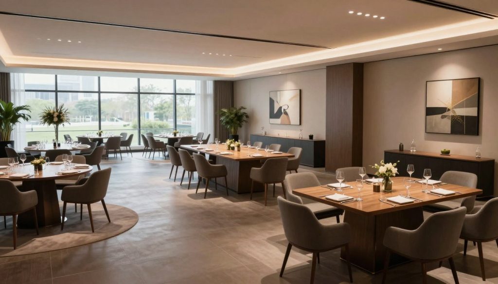 A versatile multi-purpose event space designed for various occasions. In the foreground, a elegantly arranged seating area with modern chairs and a stylish table set for a corporate meeting. In the middle, an expansive open space featuring sophisticated decor suitable for conferences and banquets, showcasing flexibility for different layouts. In the background, large windows allow natural light to flood the room, creating an inviting atmosphere. The walls are adorned with tasteful art pieces that add character without overwhelming the setting. Soft, ambient lighting enhances the professional yet warm feeling of the venue. The image is captured from a slightly elevated angle to showcase the depth and layout, creating a sense of spaciousness and adaptability, ideal for any type of event.