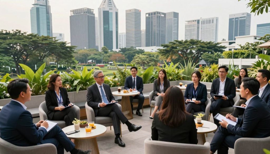 A vibrant and dynamic corporate gathering scene set in a strategic location in Jakarta. In the foreground, a diverse group of professionals, dressed in sharp business attire, are engaged in lively discussions, some holding tablets and notepads. The middle ground features modern, stylish seating arrangements surrounded by greenery, with tables elegantly set for refreshments. In the background, an iconic Jakarta skyline, featuring a mix of contemporary skyscrapers and lush parks, encapsulates the city’s unique blend of urban life and nature. Soft, natural lighting bathes the scene, with a warm, inviting atmosphere that conveys collaboration and innovation. The angle should capture both the people and the stunning backdrop, showcasing the ideal setting for a corporate event.