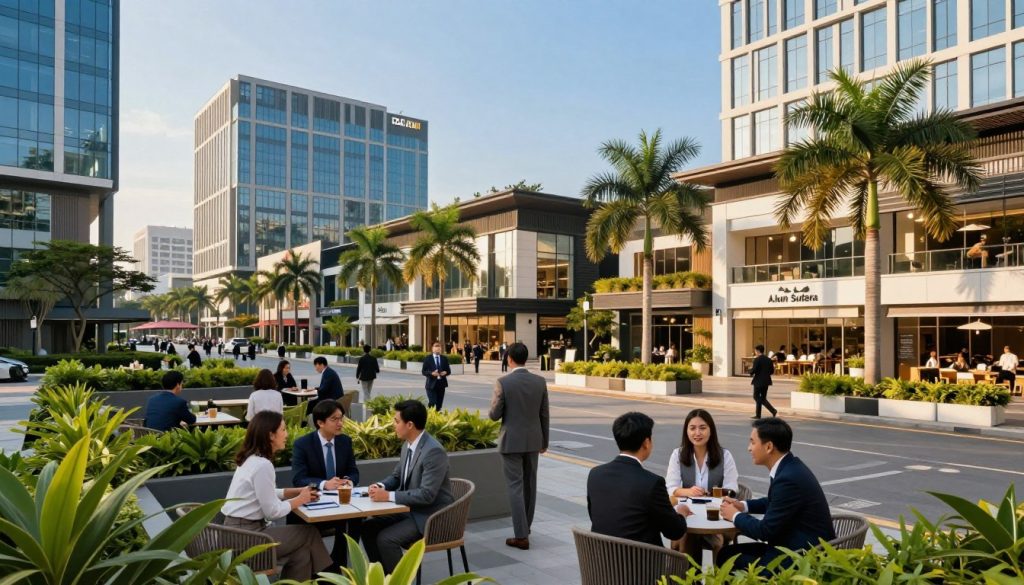 A vibrant, bustling urban scene showcasing a strategic location in Alam Sutera, featuring a well-planned commercial district. In the foreground, neatly landscaped greenery with modern outdoor seating areas invites passersby, while diverse groups of professionals in business attire engage in conversations. The middle ground highlights impressive contemporary architecture, including sleek office buildings and inviting retail spaces that blend seamlessly with nature. In the background, a clear blue sky complements the urban environment, while palm trees sway gently, adding a tropical touch. The warm, golden-hour lighting creates a welcoming and productive atmosphere, emphasizing the location's appeal for corporate activities. Capture the scene from a slightly elevated angle, focusing on the dynamic interplay between nature and modernity, reflecting a harmonious balance in a thriving business hub.