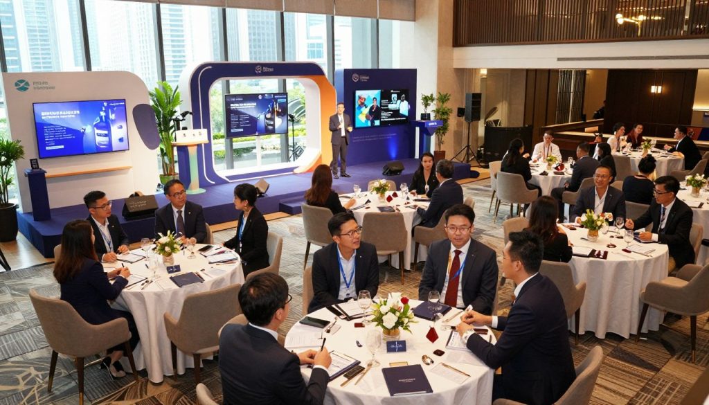 A vibrant corporate event scene set in an upscale Jakarta venue, showcasing a creative event concept. In the foreground, a group of professionals in smart business attire engages in lively discussions, surrounded by elegantly designed tables adorned with stylish centerpieces and branded materials. The middle ground features modern technological displays, interactive installations, and a sophisticated stage where a speaker presents to an attentive audience. In the background, large windows reveal a beautiful cityscape of Jakarta, bathed in warm, natural light. The atmosphere is dynamic and inspiring, capturing the essence of innovation and collaboration. The image should evoke a sense of professionalism and excitement, using a high-angle perspective to encompass the entire scene.