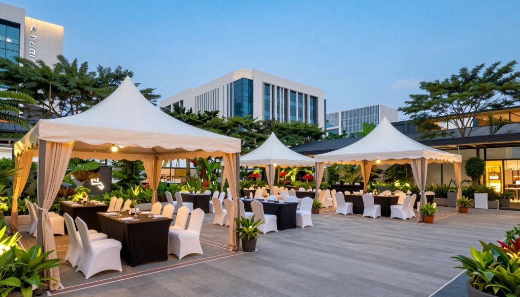 A vibrant corporate venue set in the strategic location of Alam Sutera, showcasing a well-maintained outdoor space ideal for events. In the foreground, a modern canopy tent with elegant tables and chairs is arranged for a corporate gathering. The middle ground features lush greenery and decorative plants, adding a natural touch to the scene. The background includes sleek, contemporary buildings against a clear blue sky, indicating a bustling business hub. Soft, warm lighting enhances the inviting atmosphere, suggesting a late afternoon setting. A wide-angle view captures the essence of this event space, emphasizing both professionalism and accessibility, perfect for corporate gatherings.