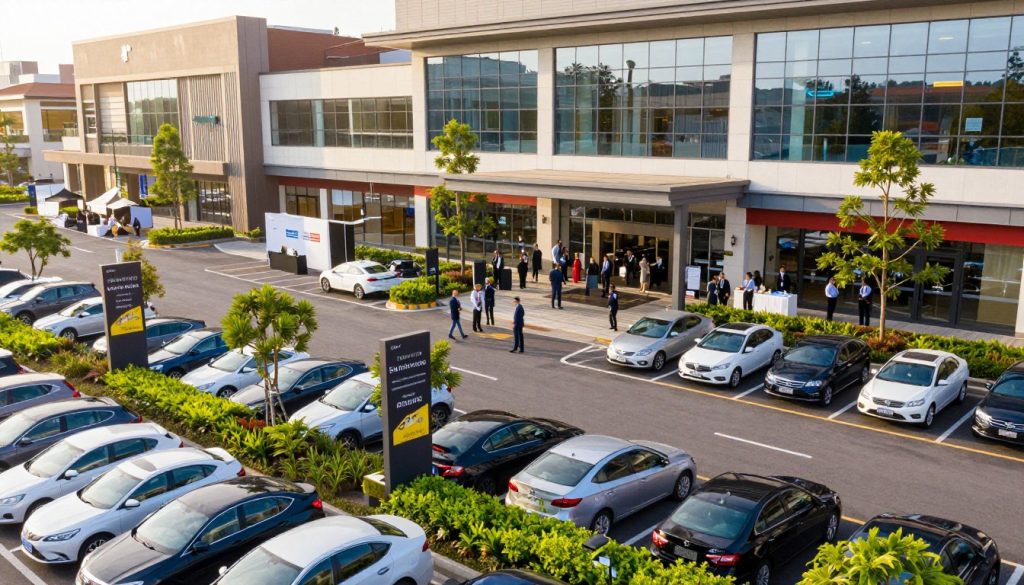 A vibrant urban scene showcasing a strategically located event venue with ample parking space in a modern mall setting. In the foreground, well-organized parking lots filled with cars, bordered by lush greenery and stylish signage for easy navigation. The middle ground features the entrance of the venue, bustling with professionals in business attire mingling and networking. The background reveals the sleek architecture of the mall, surrounded by large glass windows reflecting the sunny sky. Use warm, natural sunlight to create an inviting atmosphere, captured from a slightly elevated angle to emphasize the spaciousness and accessibility of the location. The overall mood should feel dynamic and professional, embodying an ideal space for corporate events.