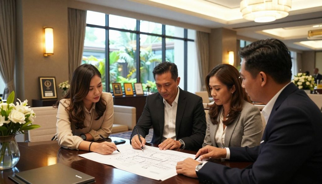 A well-organized and stylish event management meeting taking place in a modern conference room at Sutera Hall, Tangerang. In the foreground, a group of three professionals, two women and one man, discuss event logistics while reviewing a blueprint on a sleek table. They are dressed in smart business attire, with focused expressions. In the middle ground, a large window reveals subtropical landscaping outside, and sophisticated decor includes framed awards and floral arrangements. In the background, soft lighting from elegant fixtures creates a warm, inviting atmosphere. The camera angle captures the group from a slightly elevated perspective, emphasizing teamwork and collaboration in event planning. The scene conveys professionalism, enthusiasm, and meticulous coordination. A well-organized and stylish event management meeting taking place in a modern conference room at Sutera Hall, Tangerang. In the foreground, a group of three professionals, two women and one man, discuss event logistics while reviewing a blueprint on a sleek table. They are dressed in smart business attire, with focused expressions. In the middle ground, a large window reveals subtropical landscaping outside, and sophisticated decor includes framed awards and floral arrangements. In the background, soft lighting from elegant fixtures creates a warm, inviting atmosphere. The camera angle captures the group from a slightly elevated perspective, emphasizing teamwork and collaboration in event planning. The scene conveys professionalism, enthusiasm, and meticulous coordination.