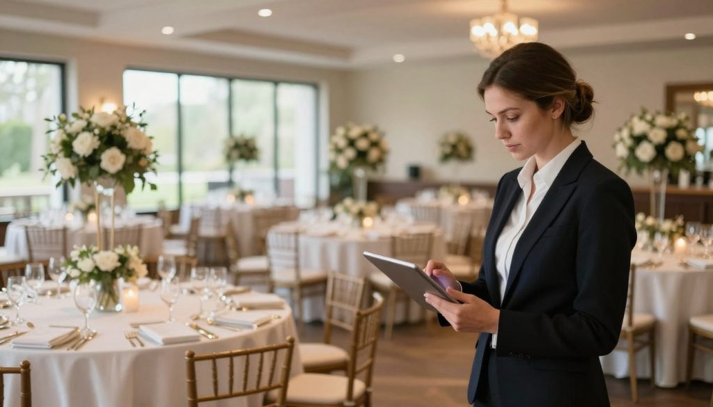 An elegant interior space designed for a formal event, showcasing a range of potential venues. In the foreground, a well-dressed event planner reviews a checklist on a tablet, dressed in professional attire. The middle ground features various beautifully arranged tables and seating, with decorations that reflect different occasions, such as weddings and corporate events. In the background, large windows allow natural light to pour in, illuminating the space and creating a warm, inviting atmosphere. Soft ambient lighting enhances the elegance of the decor. The overall mood is one of sophistication and professionalism, emphasizing the importance of choosing the right venue for an event. An elegant interior space designed for a formal event, showcasing a range of potential venues. In the foreground, a well-dressed event planner reviews a checklist on a tablet, dressed in professional attire. The middle ground features various beautifully arranged tables and seating, with decorations that reflect different occasions, such as weddings and corporate events. In the background, large windows allow natural light to pour in, illuminating the space and creating a warm, inviting atmosphere. Soft ambient lighting enhances the elegance of the decor. The overall mood is one of sophistication and professionalism, emphasizing the importance of choosing the right venue for an event.