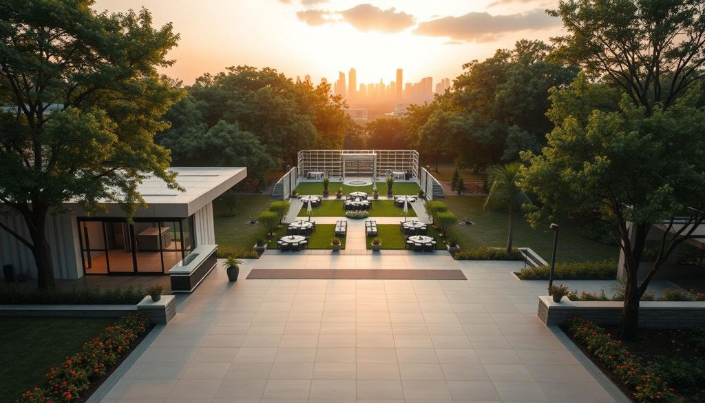 A beautifully designed modern venue named "Sutera Hall" is set in a lush, green landscape, surrounded by trees and colorful flowers. In the foreground, showcase an elegant entrance with glass doors and a welcoming reception area, featuring minimalistic decor. The middle ground reveals a spacious outdoor area for gatherings, with well-maintained lawns and seating arrangements for corporate events. In the background, include a glimpse of Jakarta Barat's skyline, adding an urban touch to the serene venue. Capture the scene during golden hour, using soft, warm lighting to create an inviting atmosphere. The image should convey professionalism and accessibility, inviting viewers to envision Sutera Hall as a prime location for corporate events.