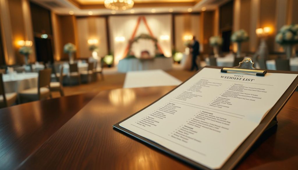 A beautifully organized wedding guest list on a polished wooden table, reflecting a sense of elegance and sophistication. In the foreground, a stylish clipboard holds an impeccably arranged list of names, categorized by priority, with different colored tabs signifying various tiers. The middle ground showcases soft, ambient lighting casting gentle shadows, creating a warm atmosphere. In the background, a sophisticated wedding venue, Sutera Hall, with elegant decor and soft floral arrangements, is subtly blurred, giving a hint of the celebration's grandeur. Captured from a slightly elevated angle, the scene exudes professionalism and preparation, perfect for illustrating a methodical approach to event planning.