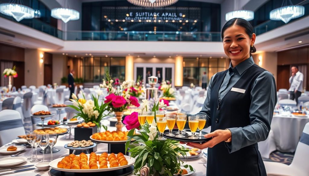 A beautifully set banquet table for a seminar catering service at Sutera Hall.