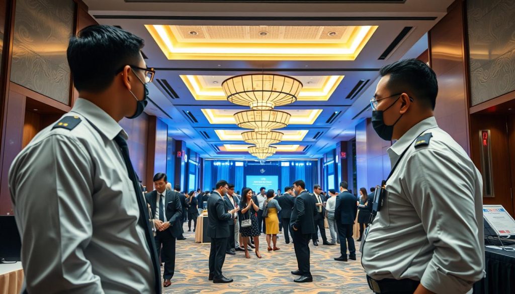 A corporate event security scene in Sutera Hall, showcasing a team of professional security personnel in smart business attire, meticulously monitoring the venue. In the foreground, a well-organized check-in area with staff engaging with attendees, ensuring a smooth entrance process. The middle ground features guests mingling in the elegantly designed hall, surrounded by modern decor that emphasizes safety protocols. In the background, visible safety signs and emergency exits are clearly marked, reinforcing the commitment to safety. The lighting is bright and welcoming but also highlights key safety features, creating a balance between professionalism and comfort. The overall atmosphere conveys a sense of assurance and preparedness, vital for corporate events. A corporate event security scene in Sutera Hall, showcasing a team of professional security personnel in smart business attire, meticulously monitoring the venue. In the foreground, a well-organized check-in area with staff engaging with attendees, ensuring a smooth entrance process. The middle ground features guests mingling in the elegantly designed hall, surrounded by modern decor that emphasizes safety protocols. In the background, visible safety signs and emergency exits are clearly marked, reinforcing the commitment to safety. The lighting is bright and welcoming but also highlights key safety features, creating a balance between professionalism and comfort. The overall atmosphere conveys a sense of assurance and preparedness, vital for corporate events.