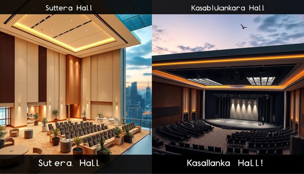 A detailed comparison of Sutera Hall and Kasablanka Hall in a split-view format. On the left, Sutera Hall features an elegant, modern interior with soft ambient lighting, high ceilings, and stylish furnishings set for a corporate event, showcasing a large space with comfortable seating arrangements and decorative plants. The right side depicts Kasablanka Hall, characterized by its sleek design and sophisticated atmosphere, highlighting a stage area and contemporary lighting fixtures, equipped for presentations and exhibitions. The background transitions from a bustling cityscape of Jakarta at twilight to a peaceful evening sky, enhancing the professional setting. Use a warm color palette to evoke a welcoming mood, with a slight lens blur for depth of field. No human figures present. A detailed comparison of Sutera Hall and Kasablanka Hall in a split-view format. On the left, Sutera Hall features an elegant, modern interior with soft ambient lighting, high ceilings, and stylish furnishings set for a corporate event, showcasing a large space with comfortable seating arrangements and decorative plants. The right side depicts Kasablanka Hall, characterized by its sleek design and sophisticated atmosphere, highlighting a stage area and contemporary lighting fixtures, equipped for presentations and exhibitions. The background transitions from a bustling cityscape of Jakarta at twilight to a peaceful evening sky, enhancing the professional setting. Use a warm color palette to evoke a welcoming mood, with a slight lens blur for depth of field. No human figures present.