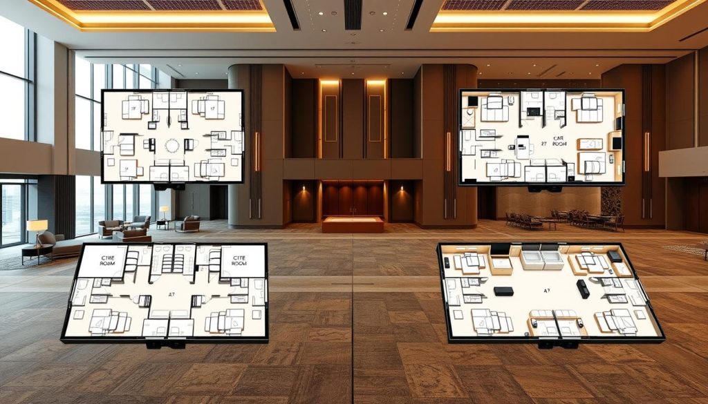A detailed comparison of the room layouts and configurations of Cisadane 1, 2, 3, and 4 within Sutera Hall. The foreground showcases distinct floor plans for each room, labeled clearly but without text. In the middle ground, elegant furniture arrangements highlight the multifunctionality of each space. Each room features soft lighting emanating from modern fixtures, creating a warm and inviting atmosphere. The background reveals the sophisticated architecture of Sutera Hall, with large windows allowing natural light to flood in. A wide-angle perspective captures all four configurations seamlessly, emphasizing the harmonious flow between spaces. The overall mood is professional and inviting, ideal for a conference or event setting, ensuring a visually appealing representation of the configurations. A detailed comparison of the room layouts and configurations of Cisadane 1, 2, 3, and 4 within Sutera Hall. The foreground showcases distinct floor plans for each room, labeled clearly but without text. In the middle ground, elegant furniture arrangements highlight the multifunctionality of each space. Each room features soft lighting emanating from modern fixtures, creating a warm and inviting atmosphere. The background reveals the sophisticated architecture of Sutera Hall, with large windows allowing natural light to flood in. A wide-angle perspective captures all four configurations seamlessly, emphasizing the harmonious flow between spaces. The overall mood is professional and inviting, ideal for a conference or event setting, ensuring a visually appealing representation of the configurations.