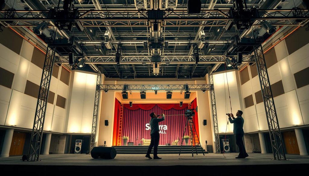 A detailed technical illustration of a rigging structure for an event setup, focusing on accurately calculating load capacity. In the foreground, display intricately designed suspension points and lifting mechanisms with visible weight ratings clearly labeled. The middle ground features a spacious, well-lit event stage, showcasing professional crew members in business attire methodically measuring and adjusting rigging equipment. The background presents an elegant venue interior branded with "Sutera Hall," incorporating modern architectural elements. Soft, ambient lighting enhances a professional atmosphere, while a wide-angle lens captures the full scale of the setup. The mood is meticulous and focused, embodying the precision required for load calculations in event rigging.