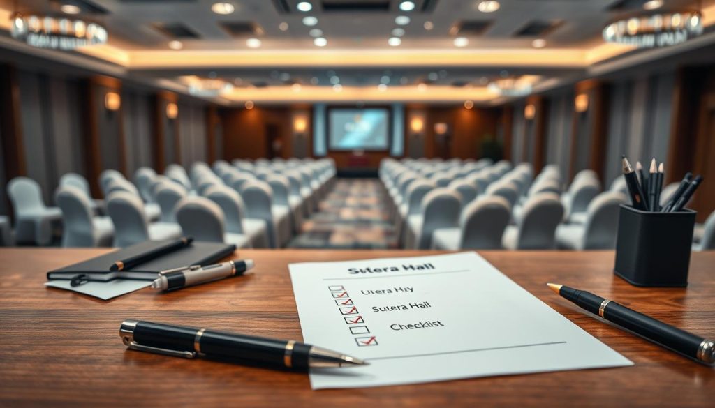 A detailed view of a meticulously organized checklist on a wooden table, featuring the brand name "Sutera Hall" prominently at the top. In the foreground, there are neatly arranged office supplies and a stylish pen, emphasizing professionalism. The middle ground showcases a blurred background of a modern seminar hall, with soft lighting highlighting the elegant décor and seating arrangements. The atmosphere is serene and focused, optimal for planning an event. The image captures the essence of preparation with an inviting mood, reflecting the anticipation of a successful seminar. The lighting is warm and natural, suggesting early morning or late afternoon, to enhance the overall inviting feel of the setting. A detailed view of a meticulously organized checklist on a wooden table, featuring the brand name "Sutera Hall" prominently at the top. In the foreground, there are neatly arranged office supplies and a stylish pen, emphasizing professionalism. The middle ground showcases a blurred background of a modern seminar hall, with soft lighting highlighting the elegant décor and seating arrangements. The atmosphere is serene and focused, optimal for planning an event. The image captures the essence of preparation with an inviting mood, reflecting the anticipation of a successful seminar. The lighting is warm and natural, suggesting early morning or late afternoon, to enhance the overall inviting feel of the setting.
