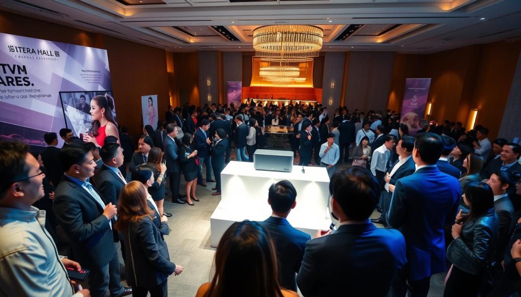 A dynamic and elegant product launch event at Sutera Hall, showcasing a modern corporate atmosphere. In the foreground, a diverse group of professionals in business attire, engaging in conversations and admiring the product display. The middle features a sleek podium with a newly launched product, illuminated by soft, focused lighting that highlights its features. In the background, a beautifully decorated venue with banners reflecting the company's branding and ambiance, filled with guests mingling and networking. The scene captures a warm, inviting atmosphere with well-placed ambient lighting, suggesting excitement and professionalism, shot from a slightly elevated angle to encompass the entire event.