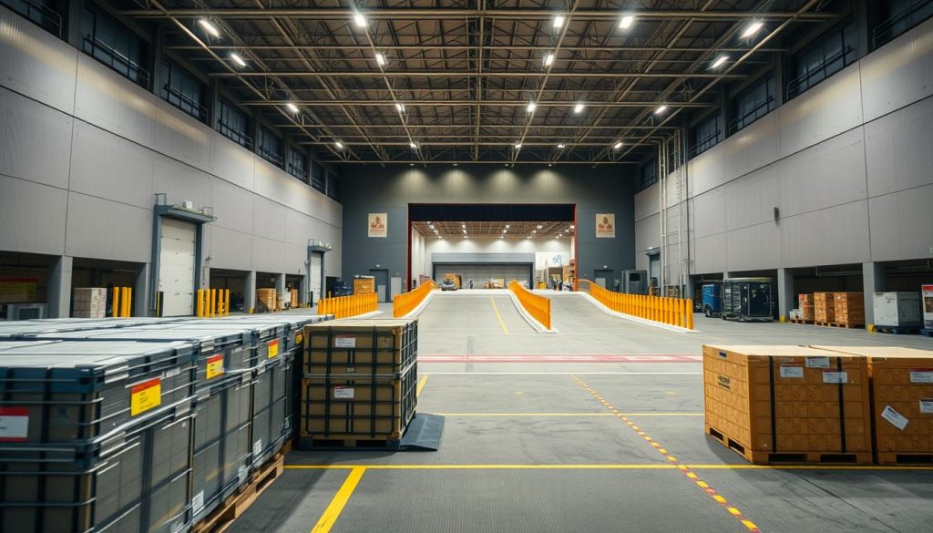 A large loading dock area at Sutera Hall, showcasing a sophisticated mobilization route for event equipment. In the foreground, neatly organized pallets and cargo crates with colorful labels, ready for transport. In the middle ground, a wide ramp leading up to the loading dock with clear demarcations, surrounded by well-defined safety barriers. In the background, an expansive warehouse space with high ceilings, bright overhead lights illuminating the area, creating a vibrant yet professional atmosphere. The scene captures a busy yet orderly environment, with a focus on efficiency and accessibility for large-scale exhibitions. The angle is slightly elevated, providing a clear overview of the loading area. The mood is industrious and professional, emphasizing hospitality and readiness.