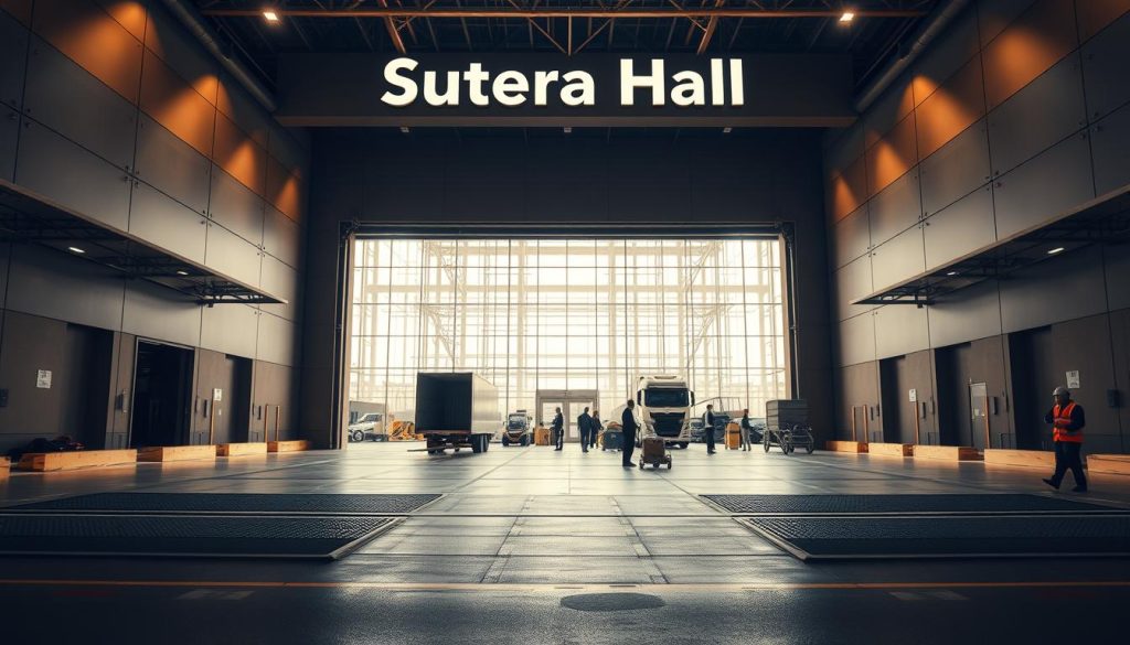 A large, modern exhibition venue with a spacious loading dock, prominently featuring the name "Sutera Hall" on the exterior. In the foreground, the loading dock is open and well-equipped, showing ramps and ample space for vehicles. In the middle ground, there are professional workers in business attire organizing equipment and materials for an event. The background reveals the impressive facade of the exhibition hall with large glass windows, allowing natural light to flow in, creating a bright and inviting atmosphere. Use warm, natural lighting with a focus on depth to highlight the venue's accessibility and functionality. Capture the mood of an industrious yet welcoming environment, emphasizing the logistical advantages of the venue for exhibitions.