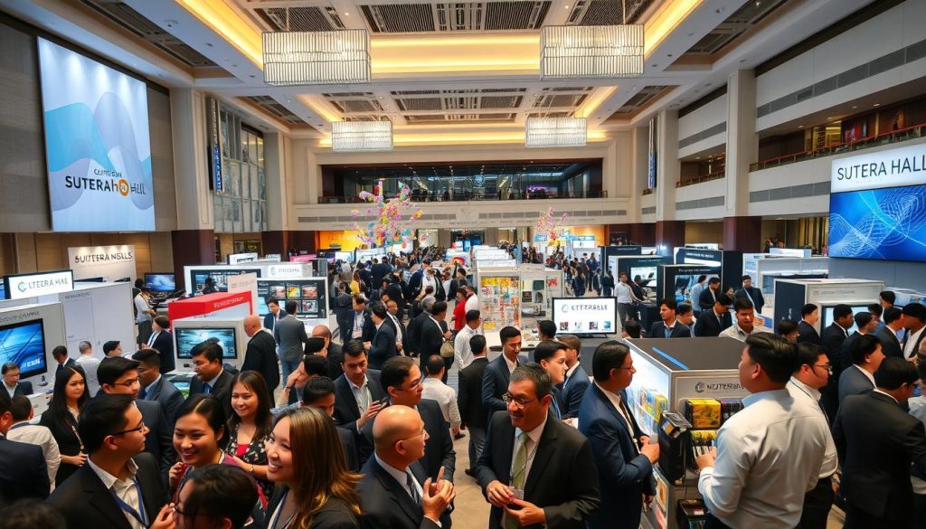 A large-scale corporate expo taking place inside Sutera Hall.
