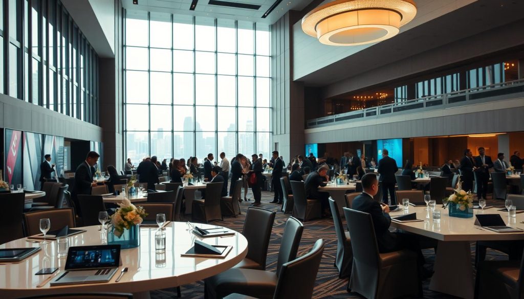 A luxurious and modern event space showcasing Sutera Hall and Kasablanka Hall designed for exhibitions and corporate events. In the foreground, sleek tables are elegantly set for a networking event, adorned with stylish centerpieces and small electronic displays. The middle ground features spacious halls with high ceilings, large glass windows allowing natural light to flood in, highlighting the contemporary architecture. The background displays a vibrant city skyline of Jakarta, providing an urban ambiance. The lighting is bright and inviting, enhancing the professional atmosphere. Capture the scene from a slightly elevated angle to create depth, focusing on the inviting and sophisticated environment suitable for high-profile events. Professional business attendees in smart attire can be seen engaging in discussions, creating a lively but focused mood.