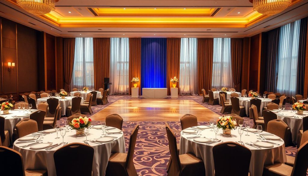 A luxurious hotel ballroom, specifically "Sutera Hall," designed for corporate events and wedding packages. In the foreground, elegant round tables are adorned with crisp white tablecloths and centerpieces of fresh flowers. The middle showcases a spacious dance floor with warm, ambient lighting, while plush chairs line the edges, creating a welcoming environment. The background features tall windows draped in soft, flowing curtains that let in natural light, enhancing the sophisticated atmosphere. The overall color palette combines gold and deep blue tones that evoke a sense of professionalism and elegance. The scene is bright, well-lit, and captures the essence of a high-end venue, perfect for corporate gatherings. A luxurious hotel ballroom, specifically "Sutera Hall," designed for corporate events and wedding packages. In the foreground, elegant round tables are adorned with crisp white tablecloths and centerpieces of fresh flowers. The middle showcases a spacious dance floor with warm, ambient lighting, while plush chairs line the edges, creating a welcoming environment. The background features tall windows draped in soft, flowing curtains that let in natural light, enhancing the sophisticated atmosphere. The overall color palette combines gold and deep blue tones that evoke a sense of professionalism and elegance. The scene is bright, well-lit, and captures the essence of a high-end venue, perfect for corporate gatherings.