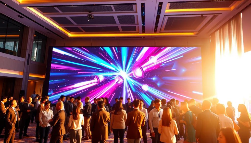 A modern LED wall installation at Sutera Hall in Tangerang, set for a product launching event. The foreground features a sleek, vibrant LED display showcasing dynamic visuals and colorful lighting effects, creating an engaging focal point. Middle ground elements include elegantly dressed professionals in business attire, gathered for networking and presentations, exuding professionalism and enthusiasm. In the background, the spacious hall is designed with contemporary architecture, high ceilings, and stylish decor that enhances the ambiance. The lighting is bright but soft, casting a warm glow throughout the venue, evoking a sense of excitement and innovation. Capture the atmosphere of a high-impact event in a vibrant and bustling environment, emphasizing modernity and sophistication. A modern LED wall installation at Sutera Hall in Tangerang, set for a product launching event. The foreground features a sleek, vibrant LED display showcasing dynamic visuals and colorful lighting effects, creating an engaging focal point. Middle ground elements include elegantly dressed professionals in business attire, gathered for networking and presentations, exuding professionalism and enthusiasm. In the background, the spacious hall is designed with contemporary architecture, high ceilings, and stylish decor that enhances the ambiance. The lighting is bright but soft, casting a warm glow throughout the venue, evoking a sense of excitement and innovation. Capture the atmosphere of a high-impact event in a vibrant and bustling environment, emphasizing modernity and sophistication.