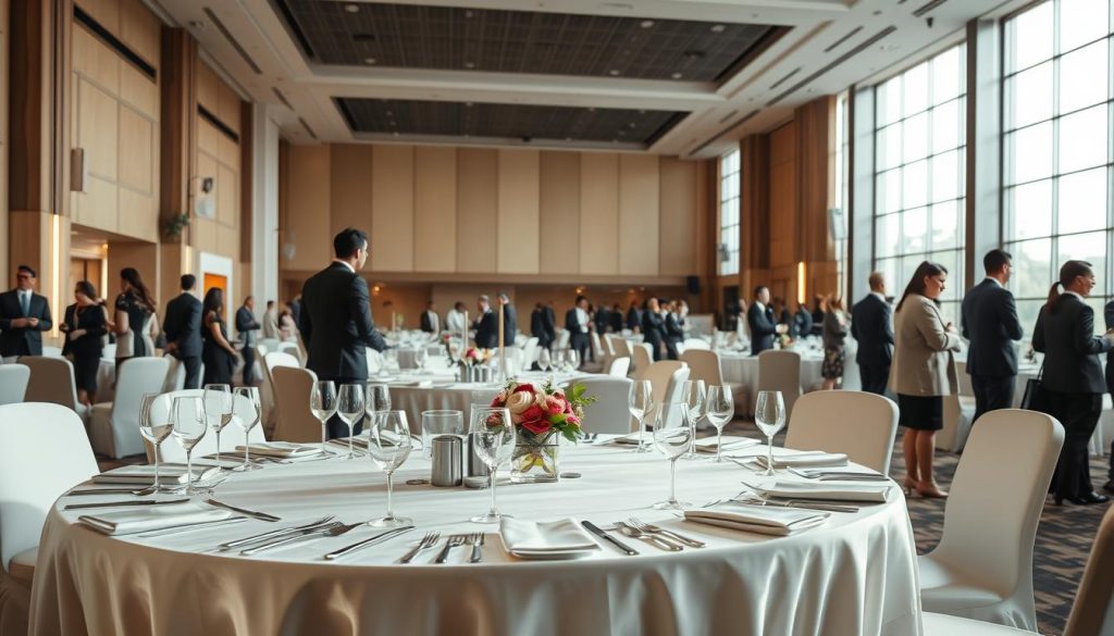 A modern and elegant corporate event venue in West Jakarta, showcasing Sutera Hall. In the foreground, a beautifully set table with sophisticated tableware, floral arrangements, and professional attendees dressed in business attire engaged in conversation. The middle ground features a spacious, well-lit hall with high ceilings, contemporary decor, and a variety of seating arrangements to accommodate networking and presentations. The background includes large windows allowing natural light to flood the space, creating a warm and inviting atmosphere. Soft ambient lighting enhances the mood, and the setting conveys a sense of professionalism and readiness for a successful corporate gathering. The overall composition exudes elegance, focus, and suitability for business events.