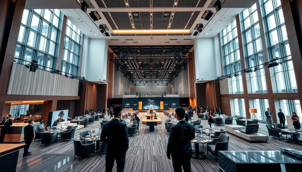 A modern and elegant view of Sutera Hall in Tangerang, showcasing its spacious and stylish interior designed for business events. In the foreground, include a stylish reception area with professional staff in business attire welcoming guests. The middle ground highlights an expansive event space filled with sleek modern furniture, tables set for a product launch, and sophisticated lighting enhancing the atmosphere. The background features large windows with natural light pouring in, creating a vibrant ambience. Capture the scene from a wide-angle perspective, emphasizing the hall's height and contemporary design. The mood is professional yet inviting, perfect for B2B exhibitions and product launches.