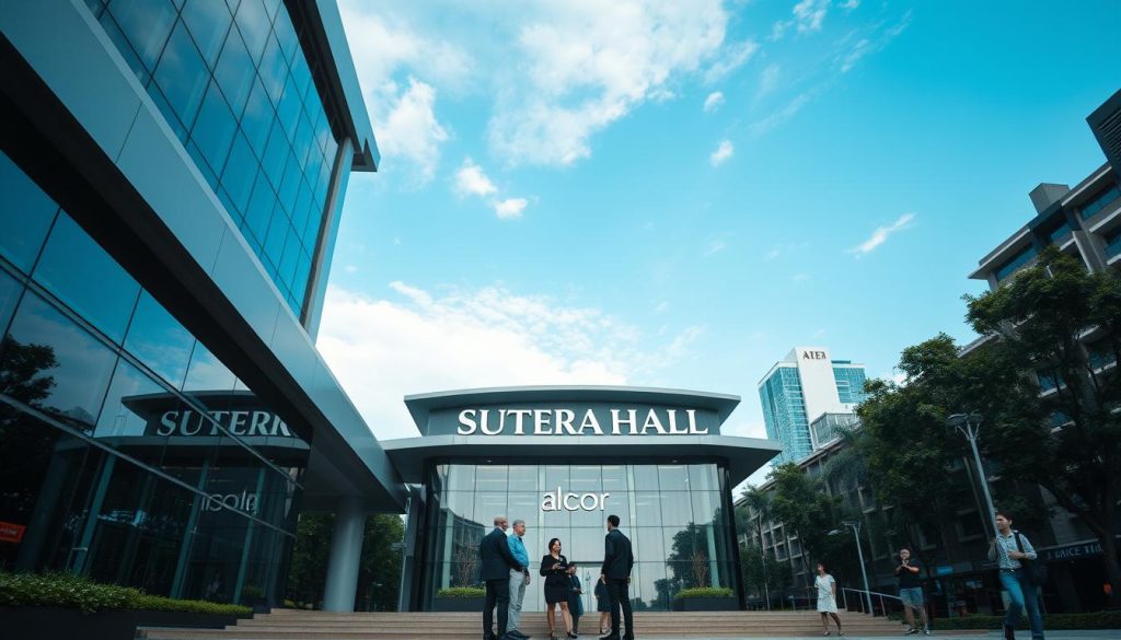 A modern and elegant view of "Sutera Hall," part of the Alcor MICE Group, set in a bustling business district in Alam Sutera. In the foreground, showcase the sleek architecture of the hall with large glass windows reflecting the surrounding greenery. The middle layer includes a group of professional individuals in business attire, engaged in a discussion, exuding a sense of collaboration and professionalism. The background features a clear blue sky with softly scattered clouds, complemented by nearby trees and stylish urban buildings. Use soft, natural lighting to create a warm, inviting atmosphere, captured from a low angle to emphasize the grandeur of Sutera Hall against the urban landscape, showcasing its importance in the Alcor MICE Group. A modern and elegant view of "Sutera Hall," part of the Alcor MICE Group, set in a bustling business district in Alam Sutera. In the foreground, showcase the sleek architecture of the hall with large glass windows reflecting the surrounding greenery. The middle layer includes a group of professional individuals in business attire, engaged in a discussion, exuding a sense of collaboration and professionalism. The background features a clear blue sky with softly scattered clouds, complemented by nearby trees and stylish urban buildings. Use soft, natural lighting to create a warm, inviting atmosphere, captured from a low angle to emphasize the grandeur of Sutera Hall against the urban landscape, showcasing its importance in the Alcor MICE Group.