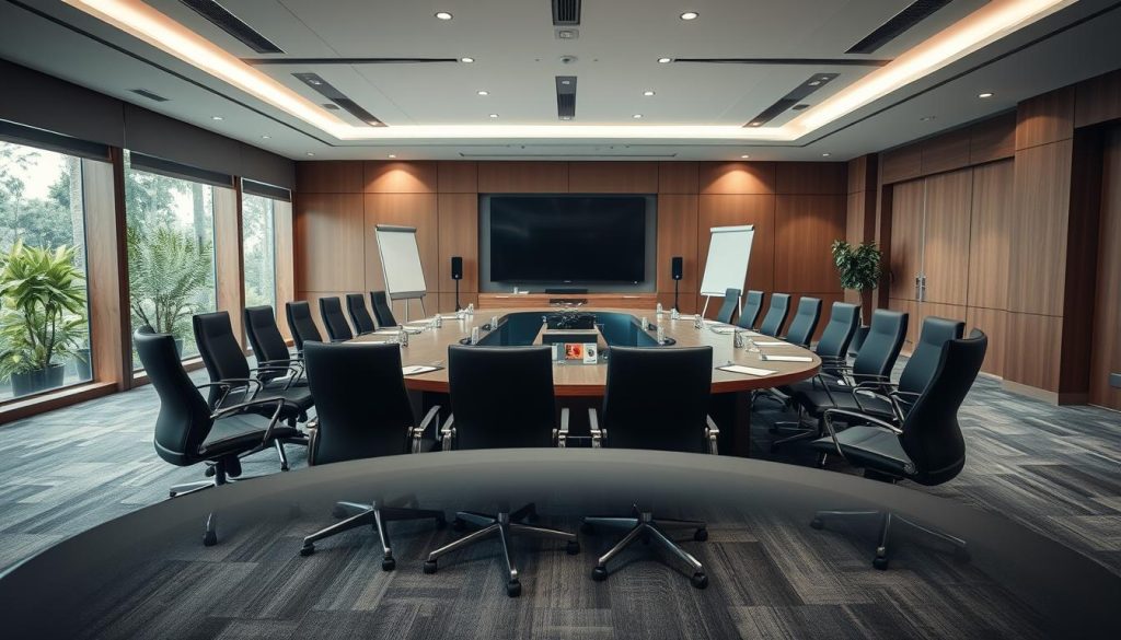 A modern and elegantly designed meeting room named "Sutera Hall" showcasing complete facilities for conferences. In the foreground, a large oval conference table with high-quality ergonomic chairs surrounds it, set up for a meeting with notepads and pens. The middle ground features a large, high-definition screen mounted on the wall, flanked by whiteboards, and various tech gadgets like a projector and audio equipment. The background reveals floor-to-ceiling windows letting in natural light with a view of lush greenery outside. The mood is professional yet inviting, with soft, ambient lighting highlighting the room’s sleek design. Use a wide-angle lens to capture the comprehensive layout, emphasizing spaciousness and functionality. The atmosphere suggests readiness for a successful collaboration. A modern and elegantly designed meeting room named "Sutera Hall" showcasing complete facilities for conferences. In the foreground, a large oval conference table with high-quality ergonomic chairs surrounds it, set up for a meeting with notepads and pens. The middle ground features a large, high-definition screen mounted on the wall, flanked by whiteboards, and various tech gadgets like a projector and audio equipment. The background reveals floor-to-ceiling windows letting in natural light with a view of lush greenery outside. The mood is professional yet inviting, with soft, ambient lighting highlighting the room’s sleek design. Use a wide-angle lens to capture the comprehensive layout, emphasizing spaciousness and functionality. The atmosphere suggests readiness for a successful collaboration.