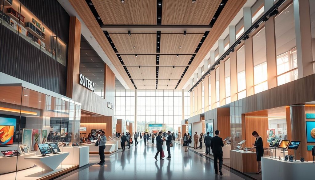 A modern architectural illustration of Sutera Hall, showcasing an innovative building and interior design concept for a trade show. The foreground features elegant exhibition stands displaying diverse products, crafted from sleek glass and polished wood, presenting a vibrant array of colors. In the middle ground, attendees in professional business attire interact and network, creating a dynamic atmosphere. The background highlights large, sunlit windows letting in natural light, accentuating the spaciousness of the hall’s design. Soft ambient lighting complements the contemporary decor, emphasizing a welcoming and inspiring mood. Capture this from a slightly elevated angle to provide a comprehensive view of the venue's layout and design features. A modern architectural illustration of Sutera Hall, showcasing an innovative building and interior design concept for a trade show. The foreground features elegant exhibition stands displaying diverse products, crafted from sleek glass and polished wood, presenting a vibrant array of colors. In the middle ground, attendees in professional business attire interact and network, creating a dynamic atmosphere. The background highlights large, sunlit windows letting in natural light, accentuating the spaciousness of the hall’s design. Soft ambient lighting complements the contemporary decor, emphasizing a welcoming and inspiring mood. Capture this from a slightly elevated angle to provide a comprehensive view of the venue's layout and design features.