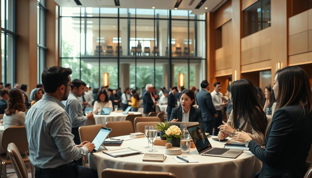 A modern business event taking place at Sutera Hall, showcasing a professional setting. In the foreground, a diverse group of well-dressed professionals engaged in discussions and networking, with laptops and notepads present. In the middle ground, elegantly arranged tables with name tags and refreshments, highlighting an engaging atmosphere. The backdrop features large windows with natural light streaming in, providing a vibrant and inviting ambiance. Soft, diffused lighting enhances the warm colors of the venue and creates a sense of openness. Capture the perspective from slightly above eye level, allowing a view of both the participants and the stunning architecture of Sutera Hall, emphasizing the professional and collaborative mood of the training session. A modern business event taking place at Sutera Hall, showcasing a professional setting. In the foreground, a diverse group of well-dressed professionals engaged in discussions and networking, with laptops and notepads present. In the middle ground, elegantly arranged tables with name tags and refreshments, highlighting an engaging atmosphere. The backdrop features large windows with natural light streaming in, providing a vibrant and inviting ambiance. Soft, diffused lighting enhances the warm colors of the venue and creates a sense of openness. Capture the perspective from slightly above eye level, allowing a view of both the participants and the stunning architecture of Sutera Hall, emphasizing the professional and collaborative mood of the training session.