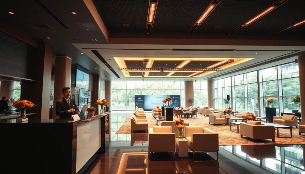 A modern business event venue, Sutera Hall, situated in a bustling area of Tangerang. The foreground features a stylish reception desk with a professional attendant dressed in business attire, welcoming guests. In the middle ground, a spacious and elegant hall with sleek furniture is arranged for a product launch, showcasing minimalist decor with tasteful floral arrangements. The atmosphere is vibrant yet sophisticated, illuminated by soft, warm lighting in an inviting layout. The background reveals large windows that allow natural light to filter in, displaying a green outdoor view while maintaining a professional setting. The scene captures the essence of a professional business event in a contemporary environment, perfect for product launches and B2B exhibitions. No text or branding visibly displayed in the image.
