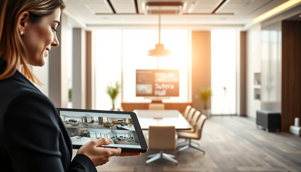 A modern business setting depicting the concept of selecting meeting rooms based on company event goals and scale. In the foreground, a professional woman in business attire is examining a digital tablet with images of various meeting rooms displayed. The middle ground features a bright, well-designed meeting room with sleek furniture, a large conference table, and a projector. In the background, elegant interior signage reads "Sutera Hall." Natural light filters through large windows, casting a warm, inviting glow over the scene. The overall atmosphere is professional and insightful, emphasizing thoughtful decision-making in venue selection. Use a slight angle to create depth, with a focus on the woman’s engaged expression.