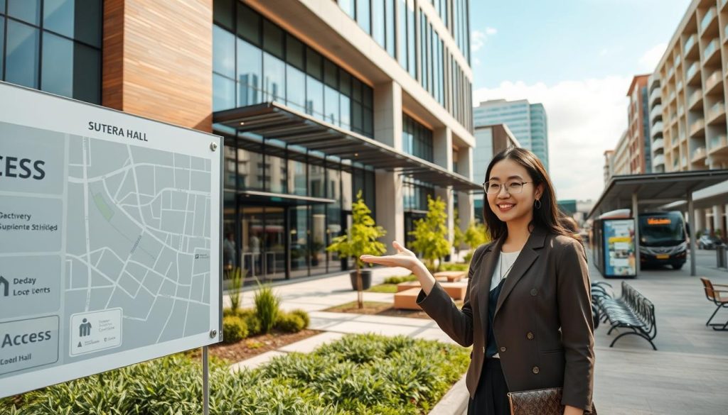 A modern business venue in Alam Sutera, showcasing Sutera Hall, with a focus on accessibility and location. In the foreground, a well-dressed professional woman gestures towards a clear map signifying access points, embodying a friendly and informative atmosphere. The middle ground features a contemporary building facade of Sutera Hall with large glass windows, seamlessly blending into a landscaped outdoor area with greenery and seating options for visitors. In the background, urban architecture hints at nearby transportation options, including a bus stop and bike racks, under a bright afternoon sky. Soft, natural lighting enhances the inviting mood, captured from a slightly elevated angle to provide a comprehensive view of the space and its surroundings. A modern business venue in Alam Sutera, showcasing Sutera Hall, with a focus on accessibility and location. In the foreground, a well-dressed professional woman gestures towards a clear map signifying access points, embodying a friendly and informative atmosphere. The middle ground features a contemporary building facade of Sutera Hall with large glass windows, seamlessly blending into a landscaped outdoor area with greenery and seating options for visitors. In the background, urban architecture hints at nearby transportation options, including a bus stop and bike racks, under a bright afternoon sky. Soft, natural lighting enhances the inviting mood, captured from a slightly elevated angle to provide a comprehensive view of the space and its surroundings.