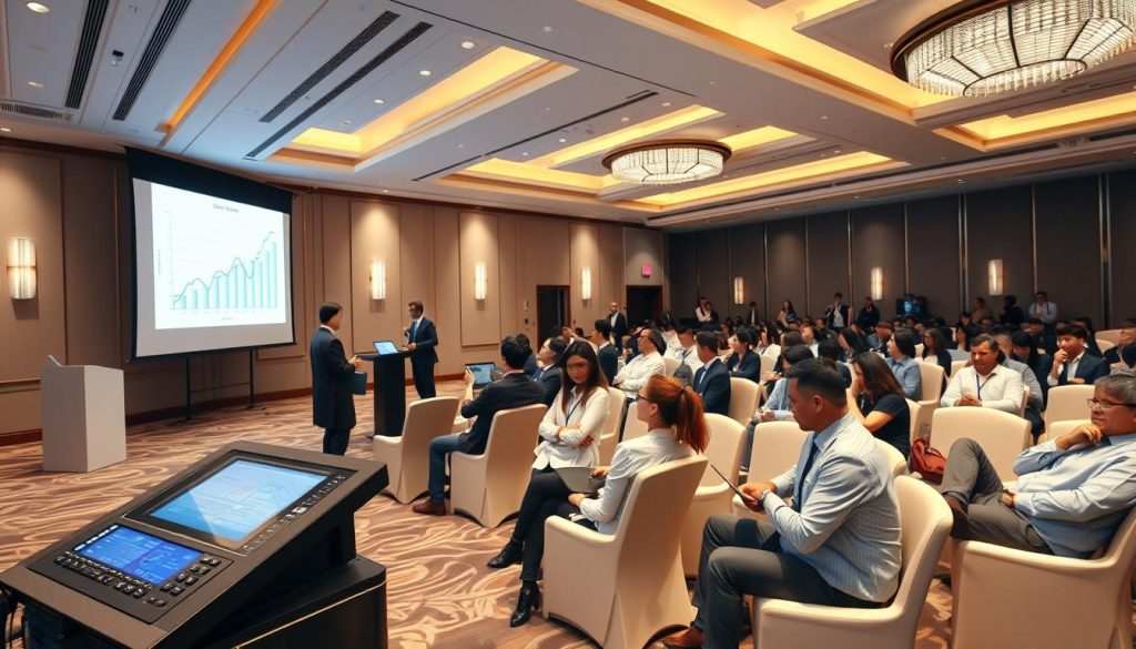 A modern conference presentation facility at "Sutera Hall," showcasing a spacious, well-lit ballroom filled with professional business attendees engaged in discussions. The foreground features sleek, multi-functional presentation equipment, including a large projection screen displaying a graph, a podium with digital controls, and comfortable seating arranged in a semi-circular layout for engagement. In the middle ground, participants, dressed in business attire, are actively collaborating and sharing ideas, with some using laptops and tablets. The background depicts elegant decor, including soft lighting and soundproof walls, enhancing the professional atmosphere. The scene is captured in a wide-angle shot, conveying an inviting and productive ambiance suitable for effective communication and presentation during conferences.