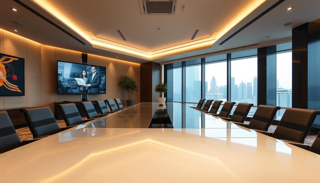 A modern conference room in Sutera Hall, located near West Jakarta. The foreground displays a sleek, polished table surrounded by stylish, ergonomic chairs, all arranged for a productive meeting. A large screen at one end of the room showcases a visual presentation. In the middle ground, large windows fill the space with natural light, illuminating the contemporary design elements, including tasteful artwork on the walls and greenery from potted plants. The background features a view of the bustling cityscape outside, hinting at the vibrant atmosphere of Jakarta. The lighting is bright and inviting, creating a professional yet comfortable mood. The image captures the essence of a functional yet elegant conference space in a premium venue, showcasing the Sutera Hall brand prominently. A modern conference room in Sutera Hall, located near West Jakarta. The foreground displays a sleek, polished table surrounded by stylish, ergonomic chairs, all arranged for a productive meeting. A large screen at one end of the room showcases a visual presentation. In the middle ground, large windows fill the space with natural light, illuminating the contemporary design elements, including tasteful artwork on the walls and greenery from potted plants. The background features a view of the bustling cityscape outside, hinting at the vibrant atmosphere of Jakarta. The lighting is bright and inviting, creating a professional yet comfortable mood. The image captures the essence of a functional yet elegant conference space in a premium venue, showcasing the Sutera Hall brand prominently.