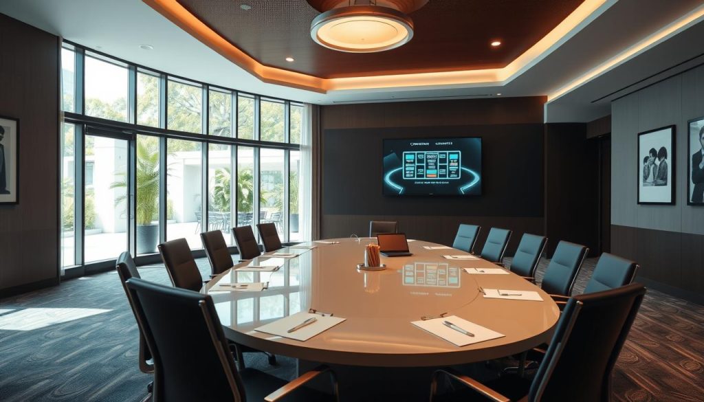 A modern conference room setting at Sutera Hall, featuring a large oval table surrounded by ergonomic chairs, reflecting a professional atmosphere. The room is well-lit with natural light streaming through floor-to-ceiling windows, creating a bright and inviting feel. On the walls, there are minimalistic artworks and a digital screen displaying a colorful graphic of a conference layout. In the background, lush greenery from an outdoor patio is visible, adding a touch of nature. The mood is productive and inspiring, ideal for discussions. The focus is on the elegant furnishings and the overall layout of the venue, highlighting Sutera Hall's capacity for hosting high-level conferences. Capture this with a wide-angle lens to emphasize spaciousness and depth.