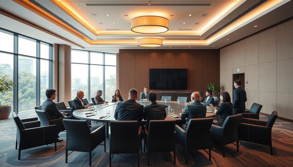 A modern conference space at Sutera Hall, Jakarta Barat, set in a strategic location with easy access. In the foreground, showcase a spacious meeting room with sleek furniture, including a large oval table surrounded by professional individuals dressed in business attire, engaged in discussion. In the middle ground, emphasize the elegant decor of the hall, featuring contemporary lighting fixtures and windows that allow soft, natural light to fill the room. The background should display a view of Jakarta Barat, with lush greenery and urban elements subtly visible through the glass. Capture a vibrant and productive atmosphere, highlighting the versatility of the conference space. Use a wide-angle lens to create depth, and ensure the lighting enhances the welcoming feel of the venue. A modern conference space at Sutera Hall, Jakarta Barat, set in a strategic location with easy access. In the foreground, showcase a spacious meeting room with sleek furniture, including a large oval table surrounded by professional individuals dressed in business attire, engaged in discussion. In the middle ground, emphasize the elegant decor of the hall, featuring contemporary lighting fixtures and windows that allow soft, natural light to fill the room. The background should display a view of Jakarta Barat, with lush greenery and urban elements subtly visible through the glass. Capture a vibrant and productive atmosphere, highlighting the versatility of the conference space. Use a wide-angle lens to create depth, and ensure the lighting enhances the welcoming feel of the venue.