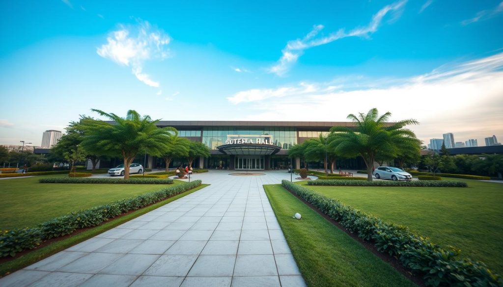 A modern corporate training venue set in Alam Sutera, featuring Sutera Hall prominently. In the foreground, a well-defined pathway leads to the entrance, flanked by lush greenery and neatly landscaped gardens. In the middle ground, the contemporary architecture of Sutera Hall showcases large glass windows reflecting sunlight, surrounded by trees and outdoor seating areas. The background consists of a vibrant city skyline under a clear blue sky, adding depth to the scene. Soft, warm lighting enhances the inviting atmosphere, while the angle captures the perspective as if one is approaching the venue. The overall mood is professional and welcoming, perfect for corporate training sessions. A modern corporate training venue set in Alam Sutera, featuring Sutera Hall prominently. In the foreground, a well-defined pathway leads to the entrance, flanked by lush greenery and neatly landscaped gardens. In the middle ground, the contemporary architecture of Sutera Hall showcases large glass windows reflecting sunlight, surrounded by trees and outdoor seating areas. The background consists of a vibrant city skyline under a clear blue sky, adding depth to the scene. Soft, warm lighting enhances the inviting atmosphere, while the angle captures the perspective as if one is approaching the venue. The overall mood is professional and welcoming, perfect for corporate training sessions.