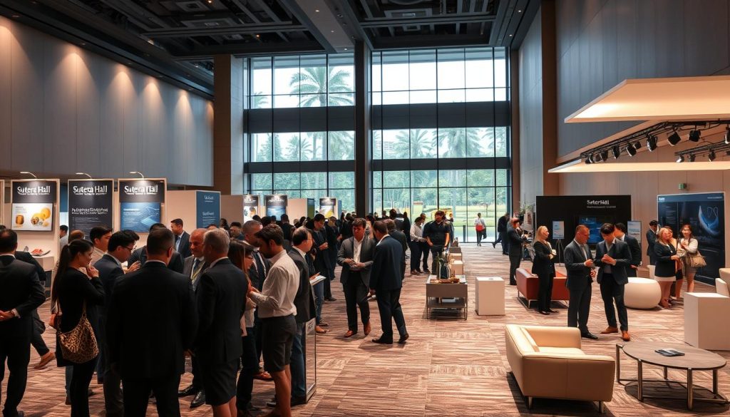 A modern, elegant business event at Sutera Hall, showcasing a spacious, well-lit exhibition space filled with professional attendees engaged in discussions and networking. In the foreground, a diverse group of professionals in business attire converses near an impressive display booth featuring sleek banners and product samples. The middle ground reveals additional networking clusters, stylish furniture, and designated presentation areas, all under soft, ambient lighting that creates a welcoming atmosphere. In the background, large windows allow natural light to flood in, revealing a view of a beautifully landscaped outdoor area. The scene evokes a sense of collaboration and professionalism, emphasizing Sutera Hall's commitment to excellence in hosting business events.