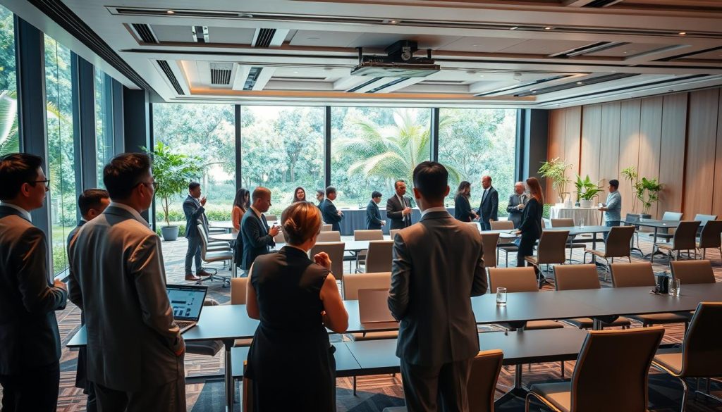 A modern, elegant corporate event venue in Tangerang named Sutera Hall, featuring a spacious layout with stylish decor. In the foreground, a group of diverse professionals in business attire engaged in a vibrant discussion, evaluating seating arrangements and audio-visual setups. The middle ground showcases a large conference room set up with sleek tables and ergonomic chairs, flanked by floor-to-ceiling windows allowing natural light to flood the space. In the background, lush greenery from an outdoor garden can be seen, providing a serene backdrop. The atmosphere is focused and inviting, capturing the essence of a high-profile corporate gathering. The lighting is bright but warm, highlighting the sophisticated elements of the venue. The angle is slightly elevated, giving a wide perspective of the venue’s layout and functionality. A modern, elegant corporate event venue in Tangerang named Sutera Hall, featuring a spacious layout with stylish decor. In the foreground, a group of diverse professionals in business attire engaged in a vibrant discussion, evaluating seating arrangements and audio-visual setups. The middle ground showcases a large conference room set up with sleek tables and ergonomic chairs, flanked by floor-to-ceiling windows allowing natural light to flood the space. In the background, lush greenery from an outdoor garden can be seen, providing a serene backdrop. The atmosphere is focused and inviting, capturing the essence of a high-profile corporate gathering. The lighting is bright but warm, highlighting the sophisticated elements of the venue. The angle is slightly elevated, giving a wide perspective of the venue’s layout and functionality.