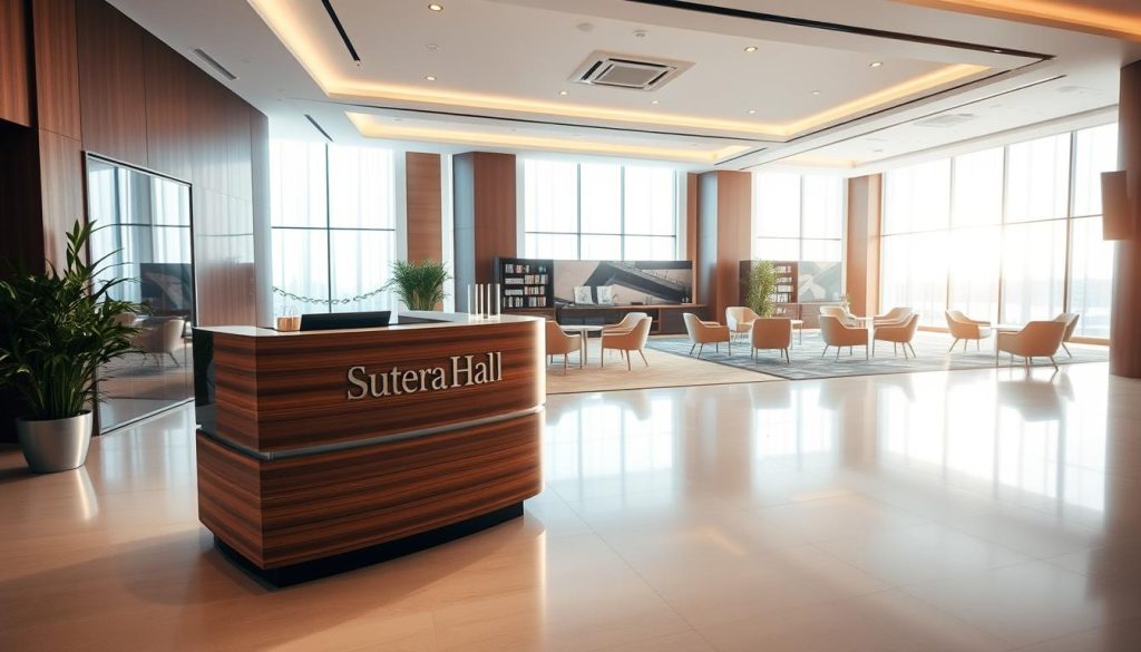 A modern, elegant interior of Sutera Hall, showcasing a spacious and well-lit event space designed for corporate events. In the foreground, a polished wooden reception desk welcomes guests, flanked by potted plants adding a touch of greenery. The middle area features a beautifully arranged seating area with stylish chairs and sleek tables, ideal for networking. Large windows in the background allow natural light to flood the space, illuminating the contemporary decor. The atmosphere is professional yet inviting, with soft ambient lighting enhancing the elegant features of the hall. Capture this setting from a slight angle to emphasize the depth of the room and show the "Sutera Hall" signage prominently displayed at the entrance, creating a welcoming ambiance for event planners and visitors alike. A modern, elegant interior of Sutera Hall, showcasing a spacious and well-lit event space designed for corporate events. In the foreground, a polished wooden reception desk welcomes guests, flanked by potted plants adding a touch of greenery. The middle area features a beautifully arranged seating area with stylish chairs and sleek tables, ideal for networking. Large windows in the background allow natural light to flood the space, illuminating the contemporary decor. The atmosphere is professional yet inviting, with soft ambient lighting enhancing the elegant features of the hall. Capture this setting from a slight angle to emphasize the depth of the room and show the "Sutera Hall" signage prominently displayed at the entrance, creating a welcoming ambiance for event planners and visitors alike.