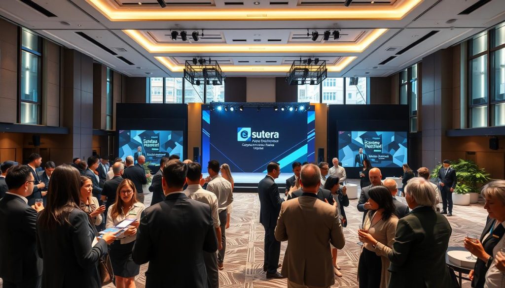 A modern, elegantly designed conference hall named "Sutera Hall" set up for a vibrant product launch event. In the foreground, showcase professional attendees in business attire engaged in conversation and networking, holding brochures and drinks. The middle ground features a sleek stage with sophisticated lighting, a large impressive backdrop displaying a brand logo, and high-quality audio-visual equipment. In the background, large windows let in natural light, illuminating the space filled with decorative plants and contemporary seating arrangements. The atmosphere is dynamic yet professional, with an air of anticipation and excitement. The scene portrays a successful B2B exhibition vibe, emphasizing innovation and collaboration. The lighting is bright and inviting, captured from a wide-angle perspective to encompass the expansive venue. A modern, elegantly designed conference hall named "Sutera Hall" set up for a vibrant product launch event. In the foreground, showcase professional attendees in business attire engaged in conversation and networking, holding brochures and drinks. The middle ground features a sleek stage with sophisticated lighting, a large impressive backdrop displaying a brand logo, and high-quality audio-visual equipment. In the background, large windows let in natural light, illuminating the space filled with decorative plants and contemporary seating arrangements. The atmosphere is dynamic yet professional, with an air of anticipation and excitement. The scene portrays a successful B2B exhibition vibe, emphasizing innovation and collaboration. The lighting is bright and inviting, captured from a wide-angle perspective to encompass the expansive venue.
