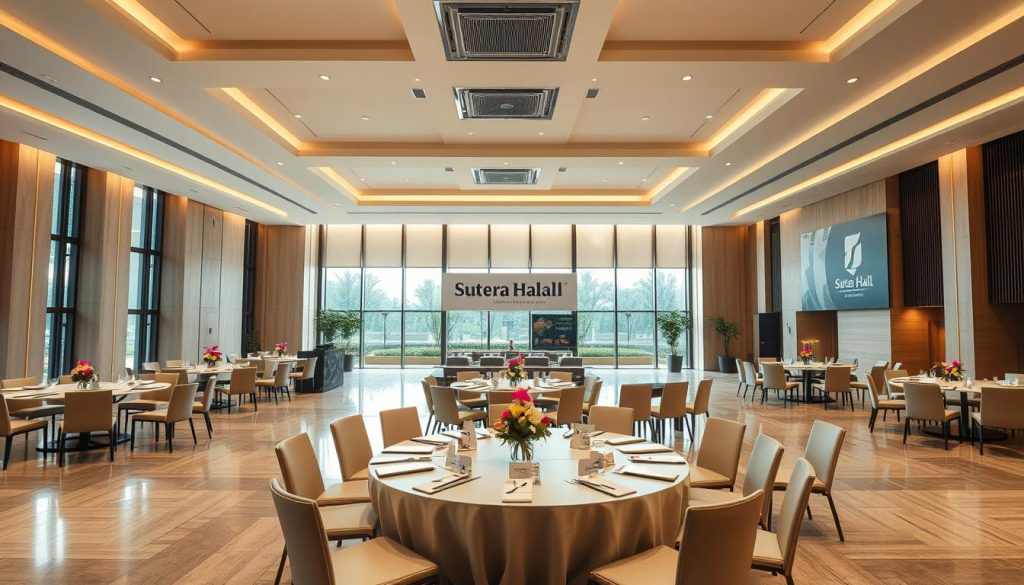 A modern, elegantly designed event space named "Sutera Hall" is depicted in the foreground, showcasing its spacious interior with high ceilings and soft, ambient lighting. The hall features sleek, minimalistic furniture arranged for a business event, including tables with name cards and elegant floral arrangements. In the middle ground, large windows provide a view of a landscaped garden, enhancing the open, professional atmosphere. The background features subtle branding elements of "Sutera Hall" integrated into the architecture. The scene is captured with a wide-angle lens to emphasize the grandeur of the hall, with warm lighting creating an inviting and sophisticated mood. The overall composition conveys a sense of professionalism and elegance ideal for hosting B2B exhibitions.